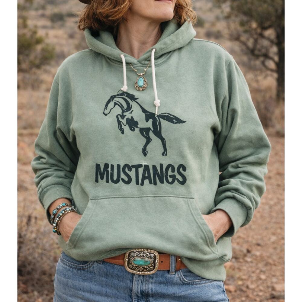 VTG 70s Mustang Mascot Hoodie Green Size L Collegiate Graphic Sweatshirt Unisex - Picture 5 of 6